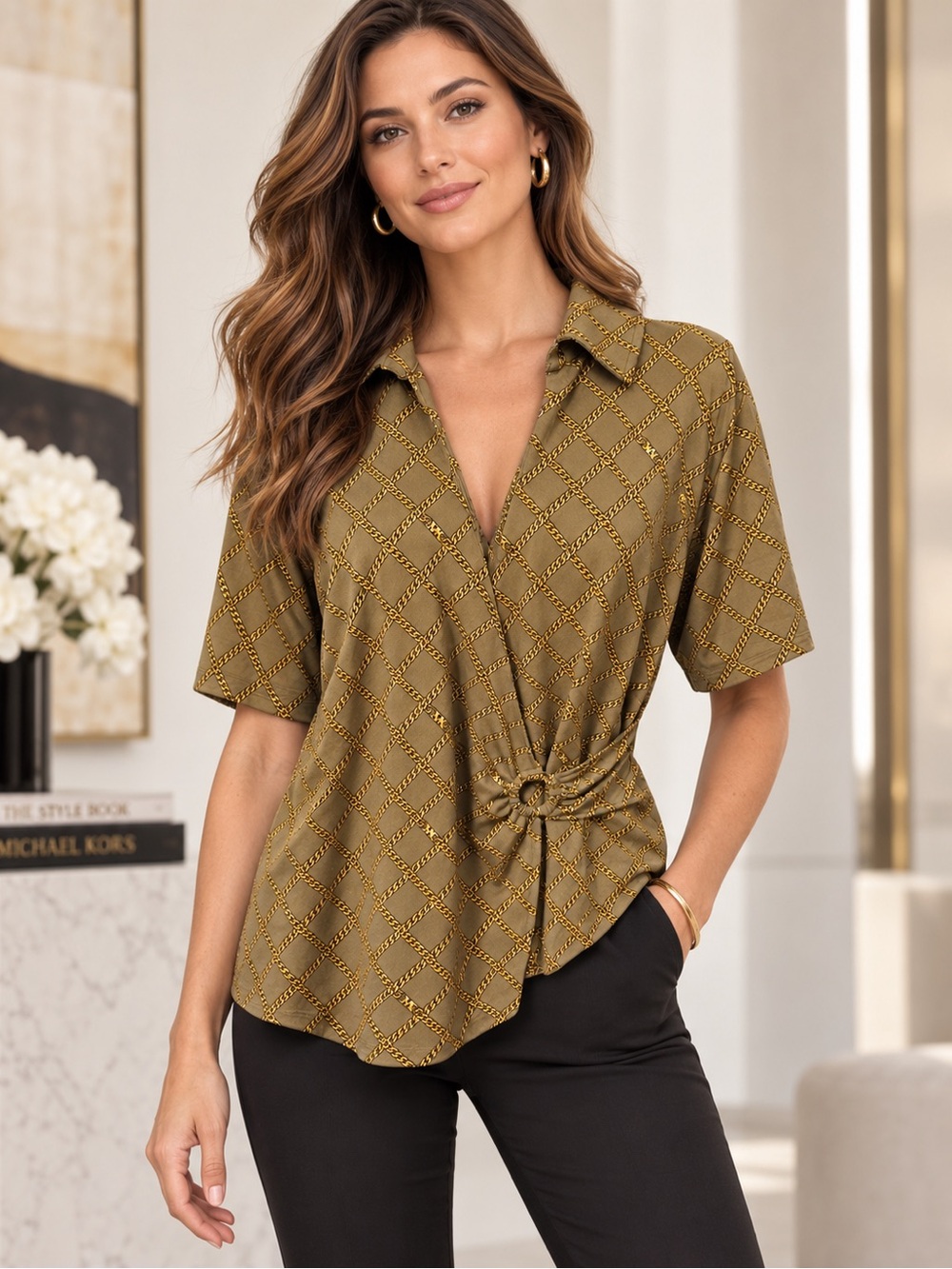 Michael Kors Chain Print Tie Front Stretch Relaxed Blouse Top NWT